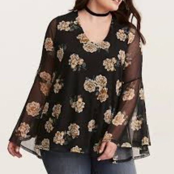 Torrid Long Bell Sleeve V Neck Blouse Black with Mesh Yellow Roses, 3x - Picture 1 of 4